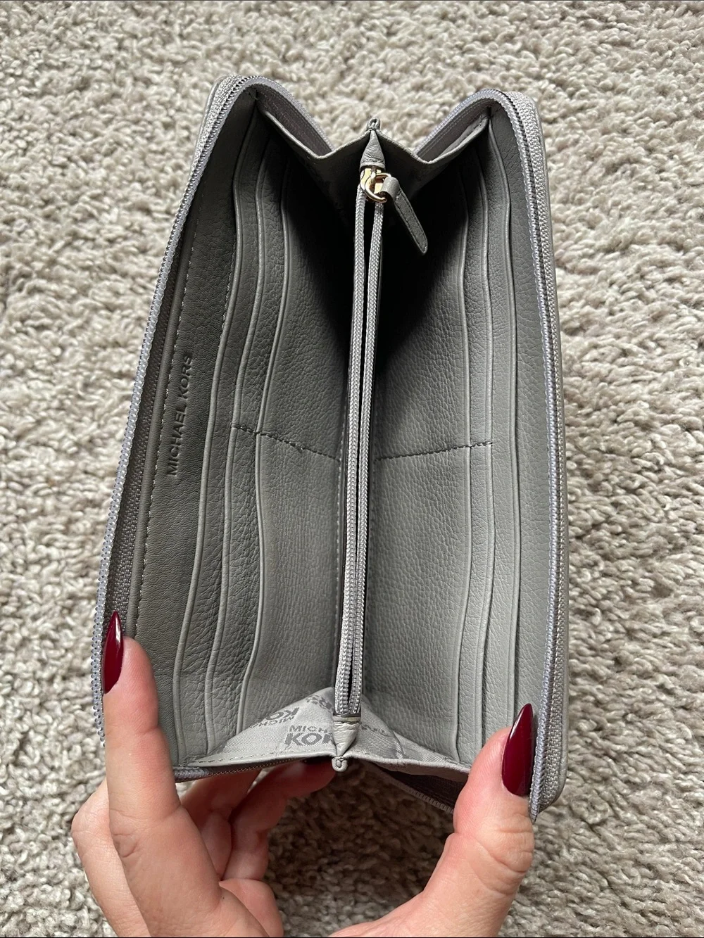 Michael Kors Light Gray Leather Zip Wallet with Gold Plaque